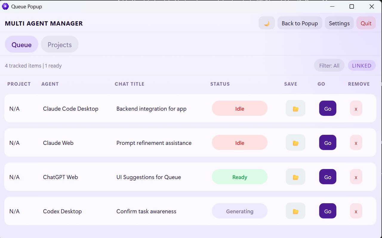 Multi Agent Manager queue popup showing tracked AI sessions, statuses, projects, and Go buttons